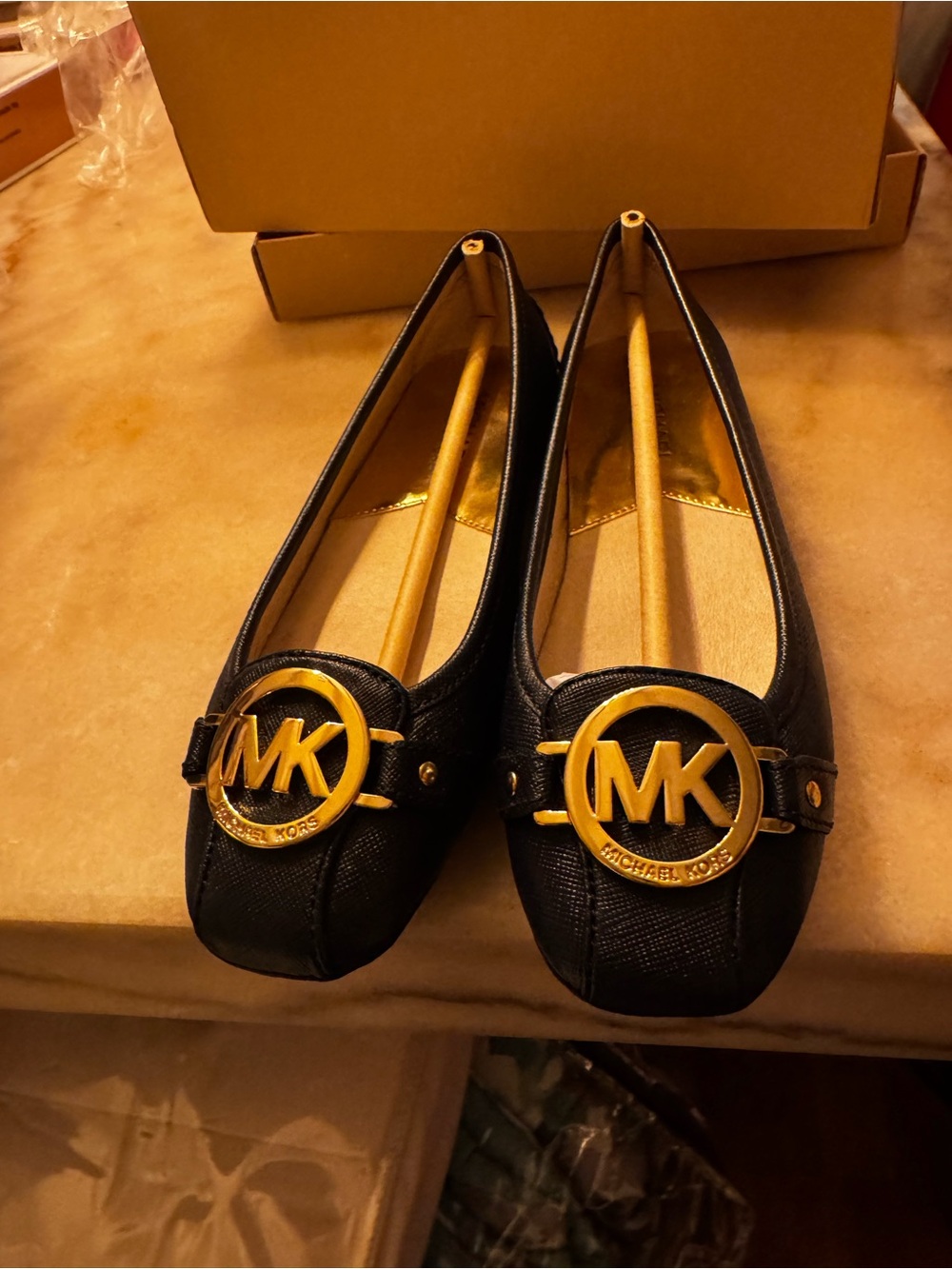Michael Kors Black Leather Ballet Flats with Gold MK Medallion